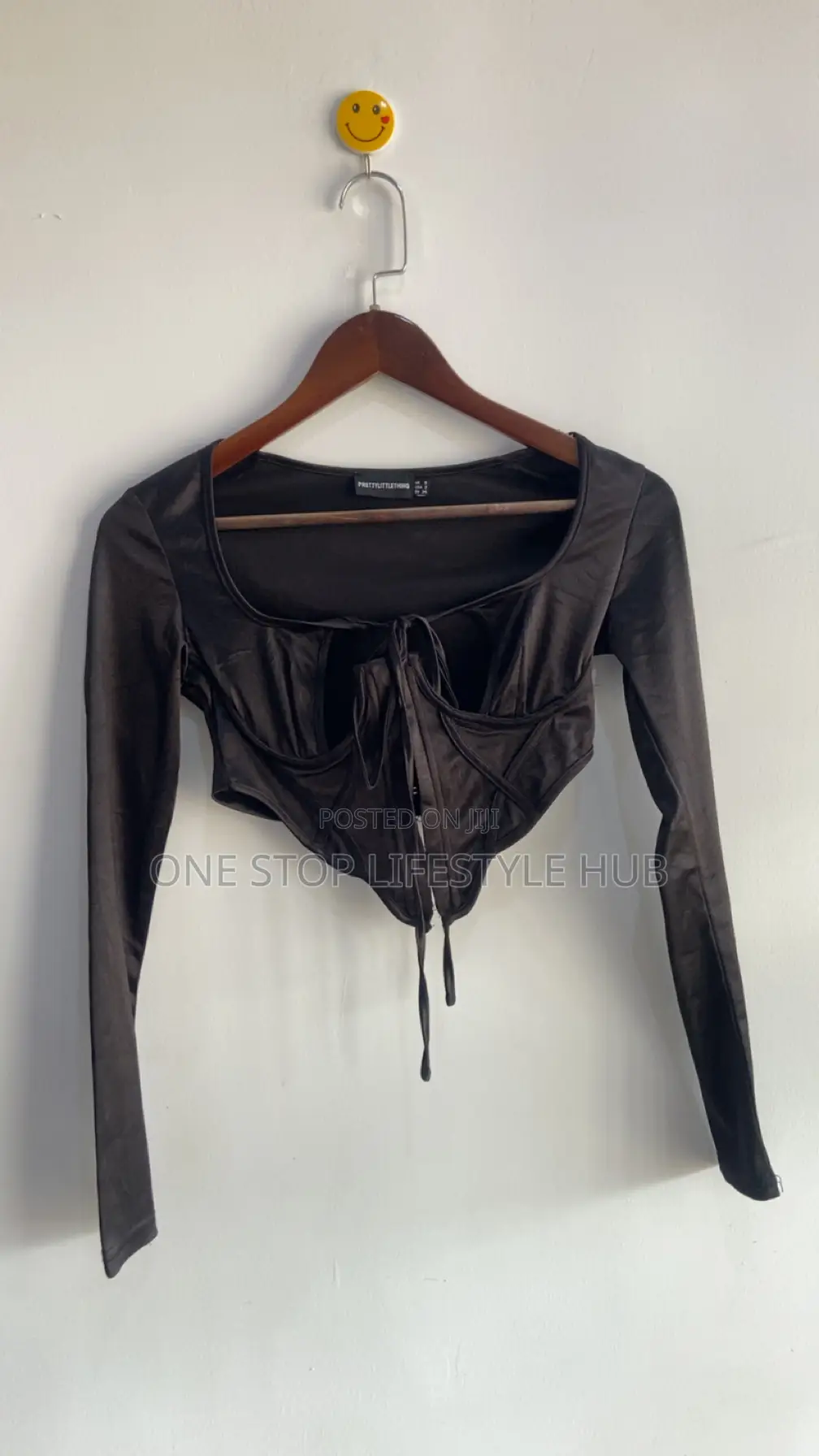 Black Satin Tie-Front Long Sleeve Corset Crop Top
