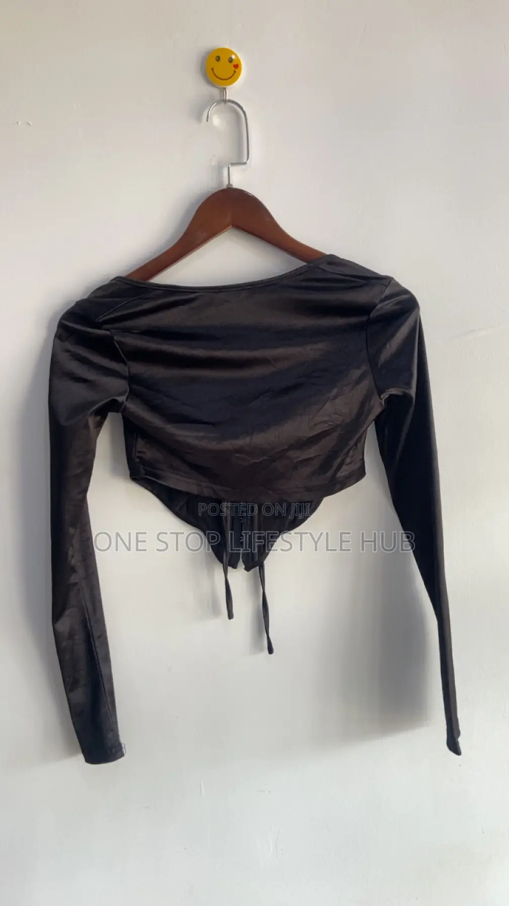Black Satin Tie-Front Long Sleeve Corset Crop Top