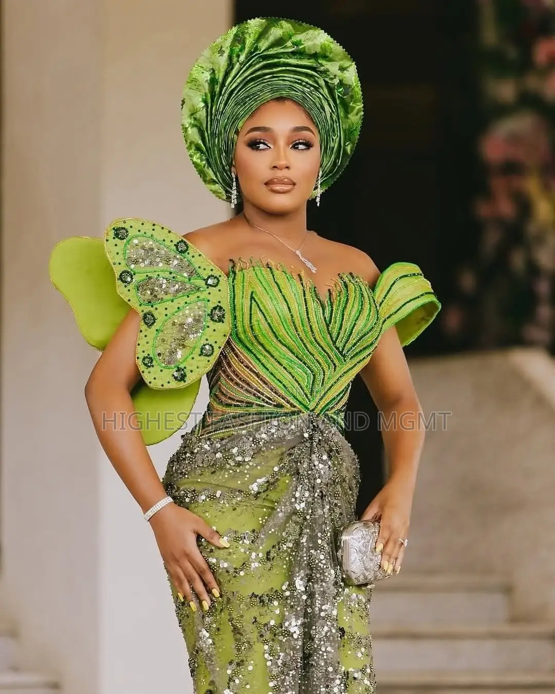 Avant-Garde Lime Green Butterfly-Sleeve Corset Gown With Sequin Drape