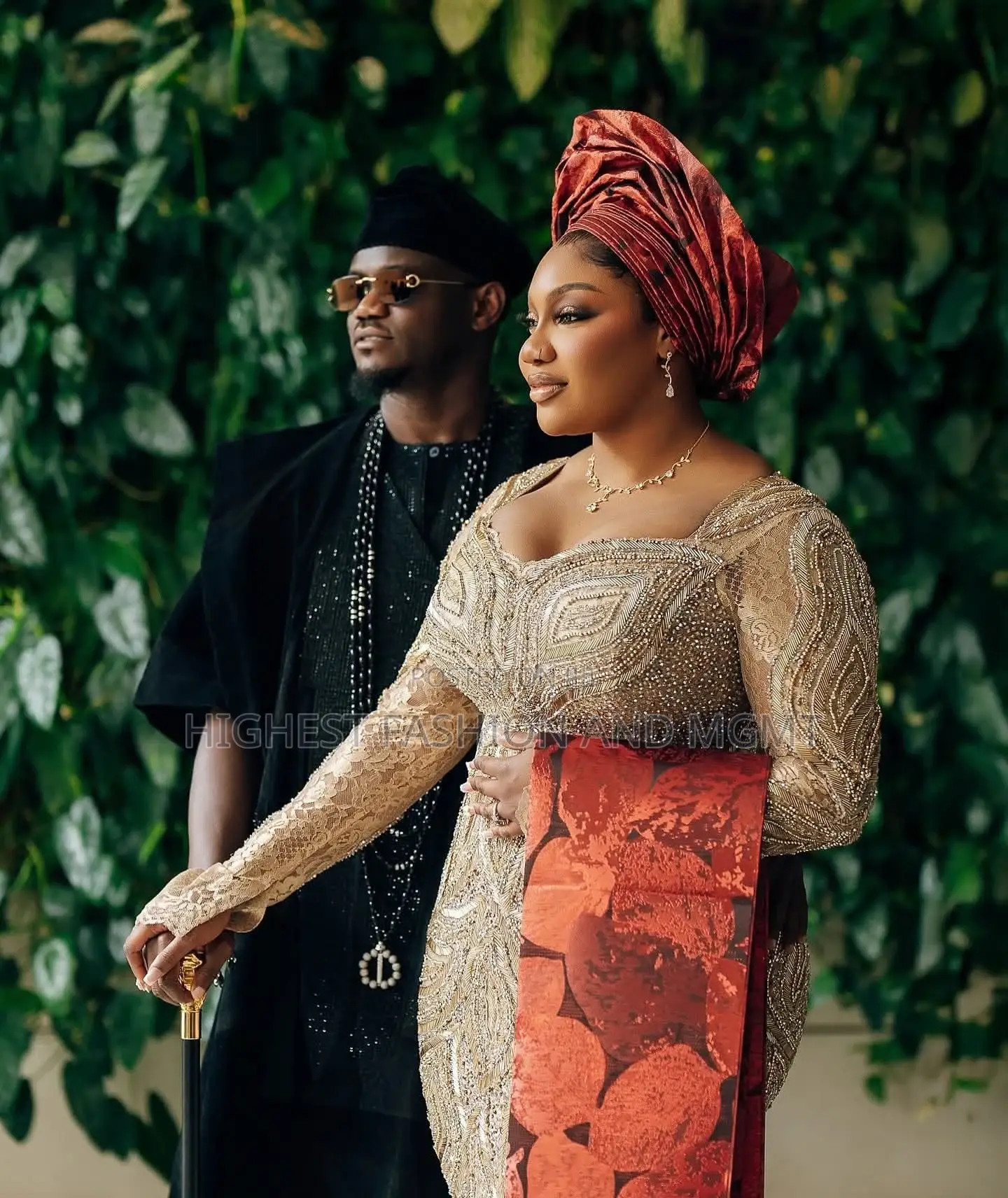 Luxury Contoured Gold Beaded Bridal Gown With Wine Aso-Oke Gele Set