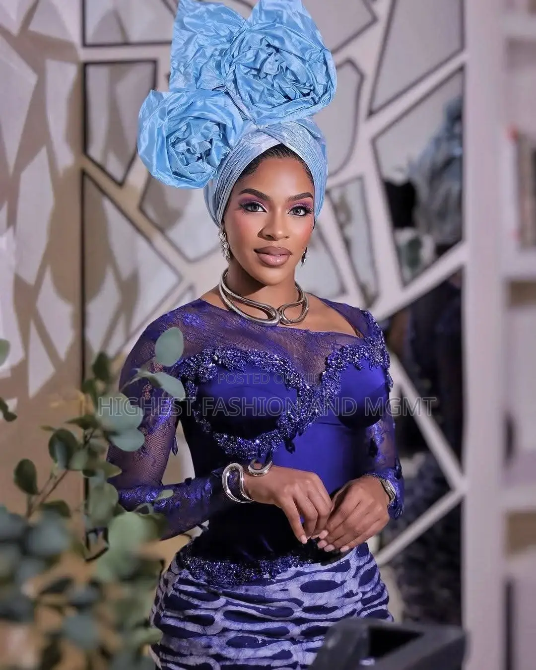 Elite Royal Blue Corset Lace Blouse and Patterned Adire Skirt Set