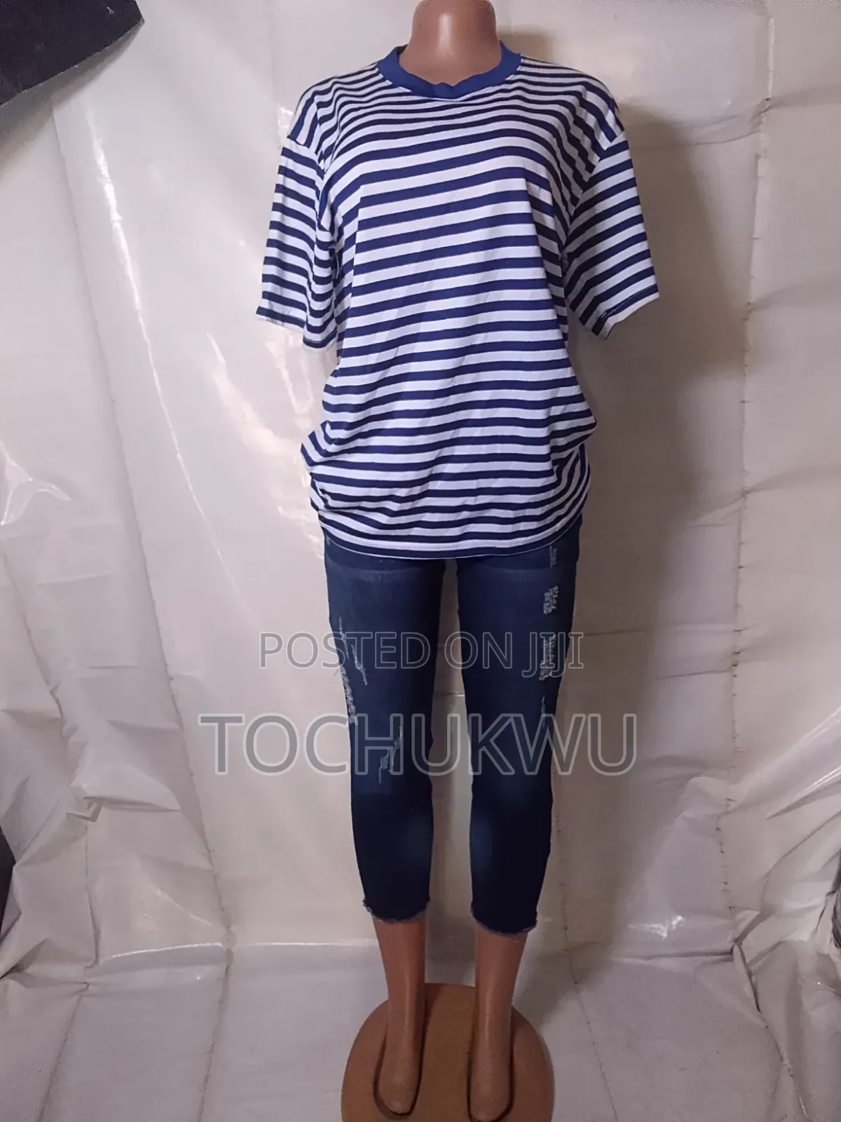 Ladies Blue White Striped Casual T-Shirt – Soft Cotton Top