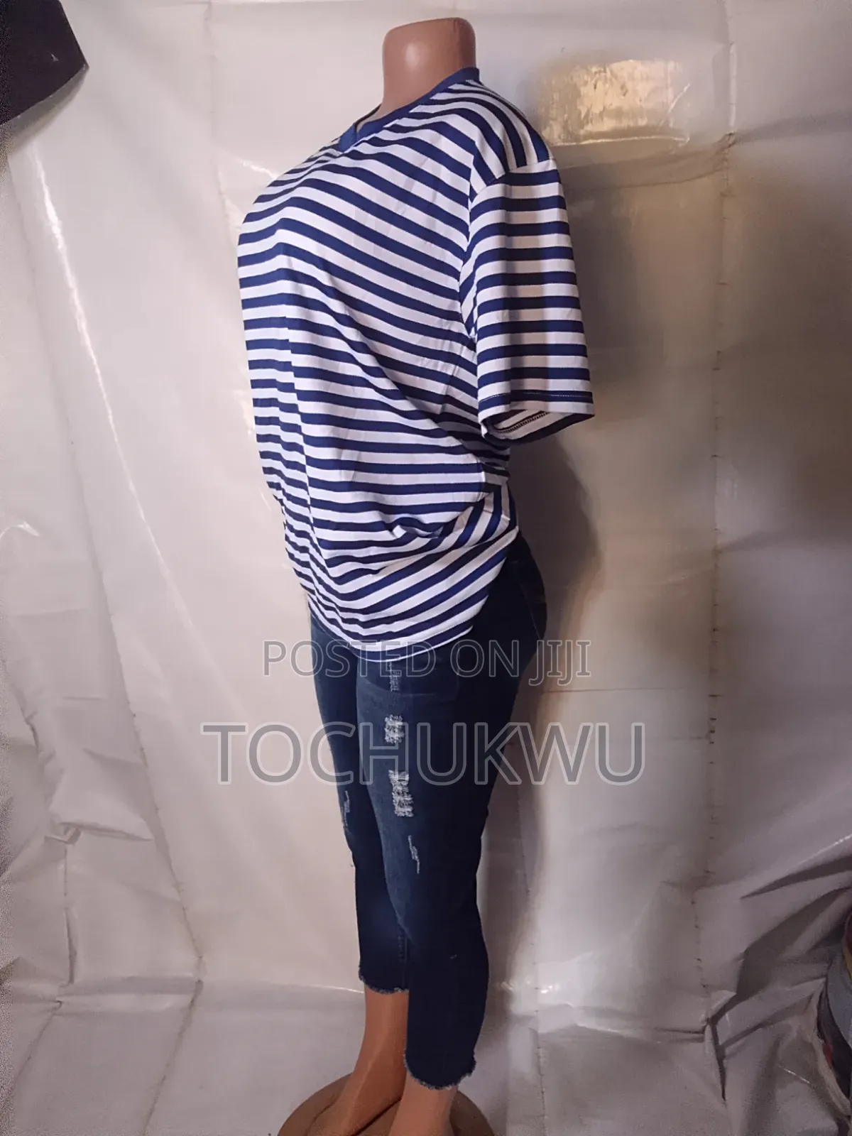 Ladies Blue White Striped Casual T-Shirt – Soft Cotton Top