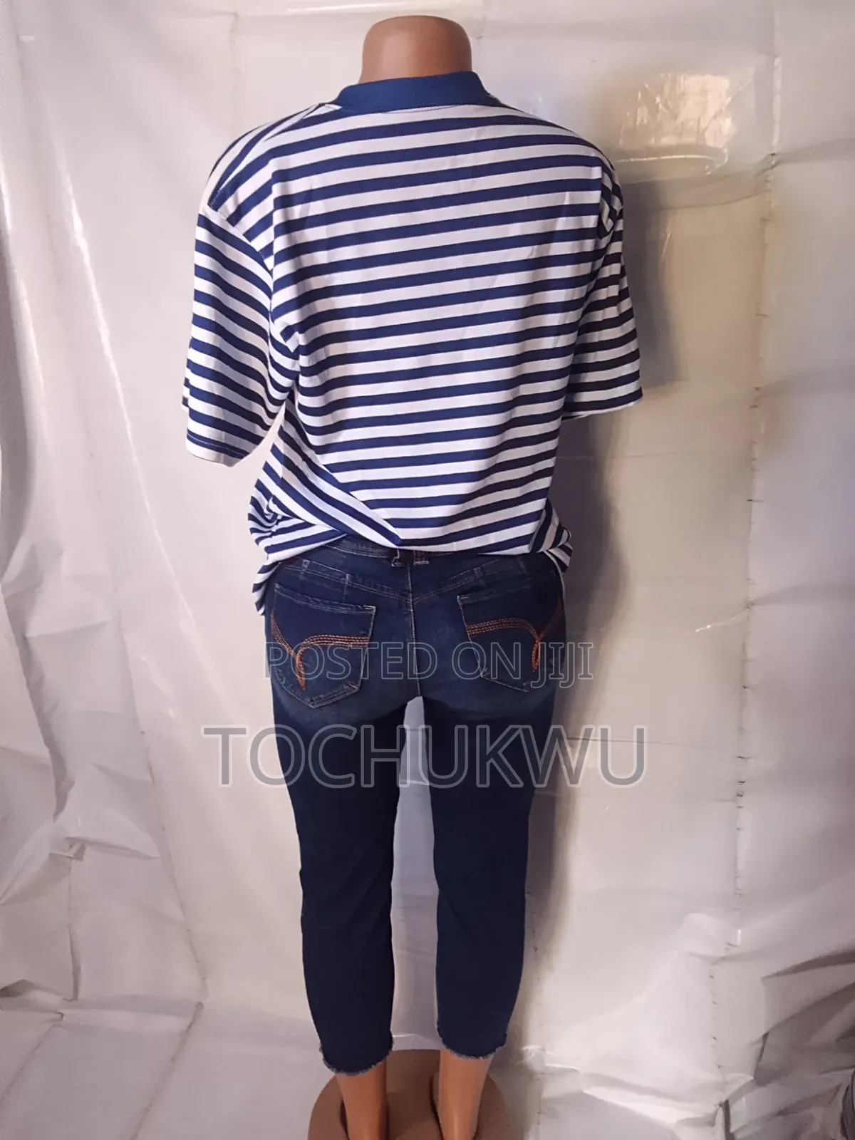Ladies Blue White Striped Casual T-Shirt – Soft Cotton Top