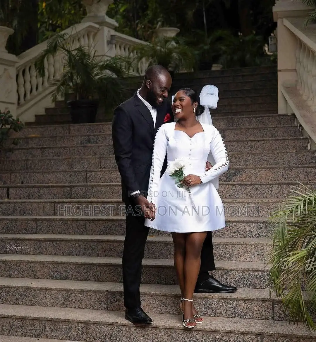 Luxury Loop-Sleeve Satin Civil Wedding Mini Dress