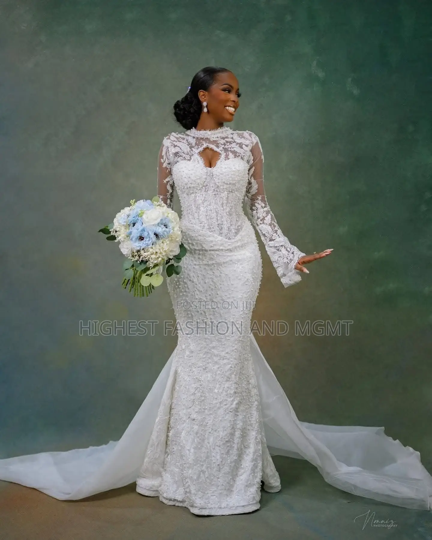 Luxury High-Neck Keyhole Pearl Bridal Gown With Flared Lace Sleeves