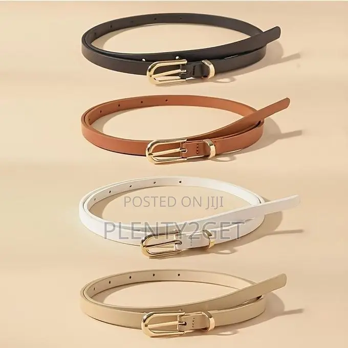 4pcs Set of Golden Pin Buckle Slim Belts, Featuring a Solid Color Desi