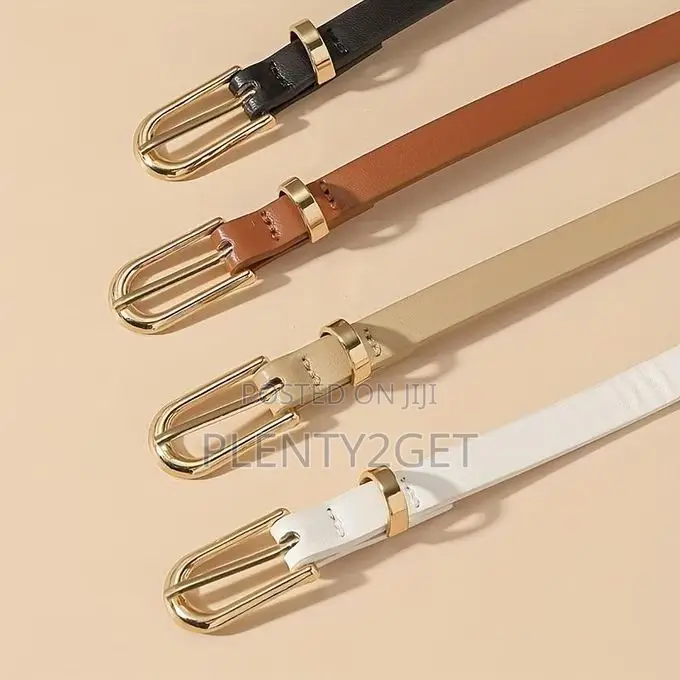 4pcs Set of Golden Pin Buckle Slim Belts, Featuring a Solid Color Desi