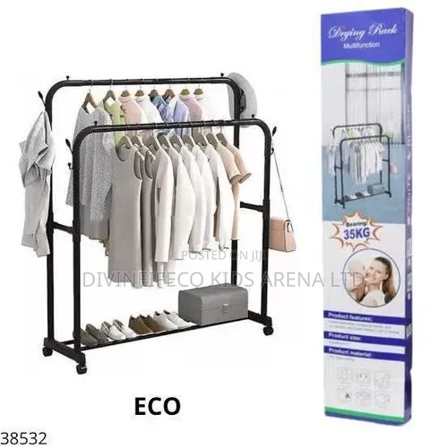 Double Pole Rolling Garment Rack With Shelf Wheels 35kg