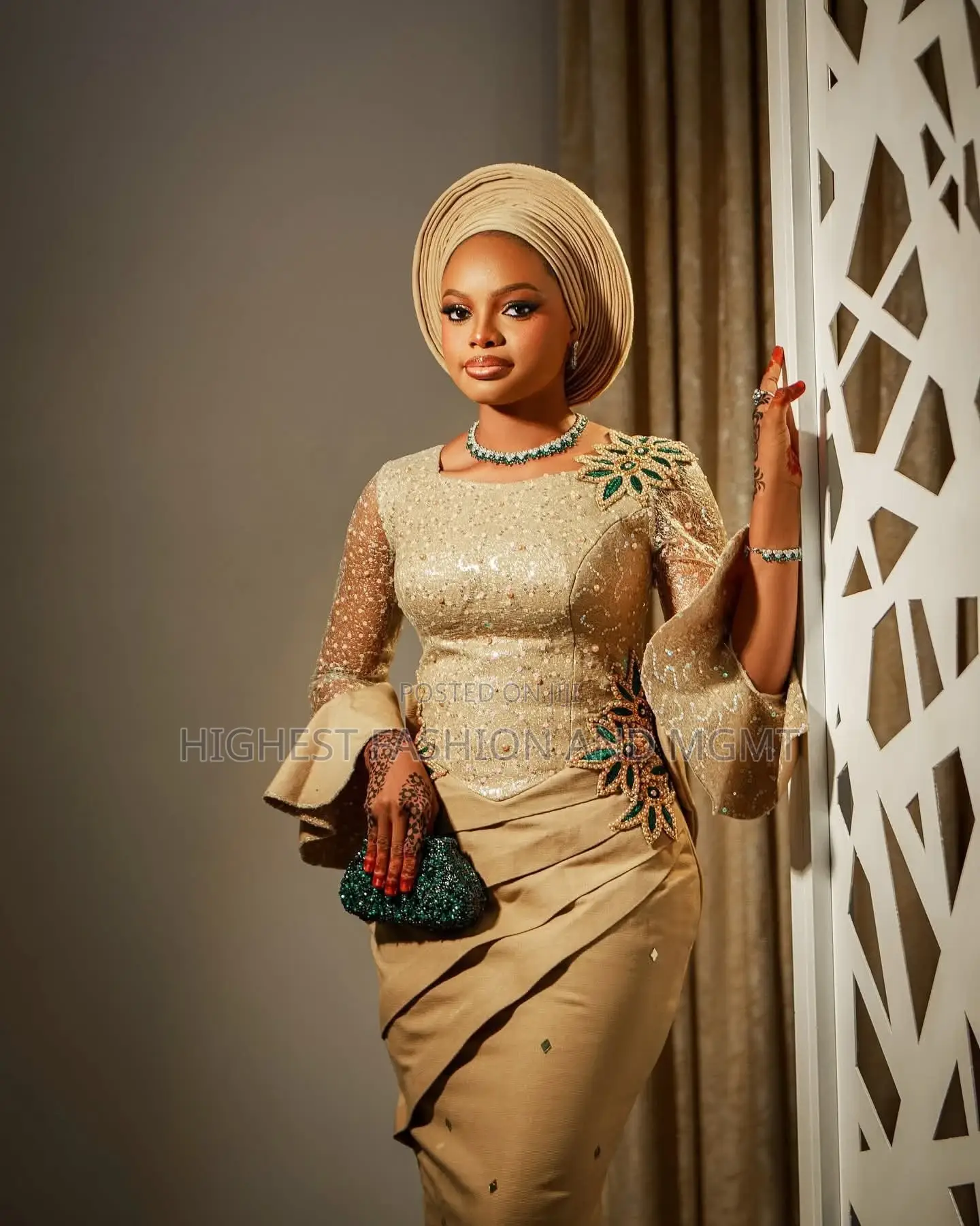 Luxury Bell-Sleeve Beaded Blouse With Champagne Wrapper Gele