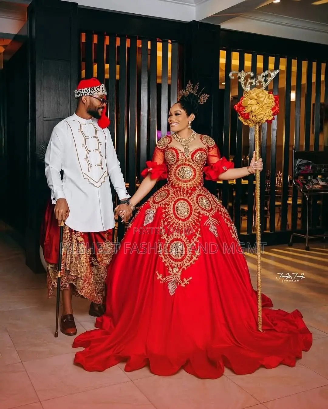 Elite Royal Crimson Mirror-Encrusted Igbo Bridal Ballgown