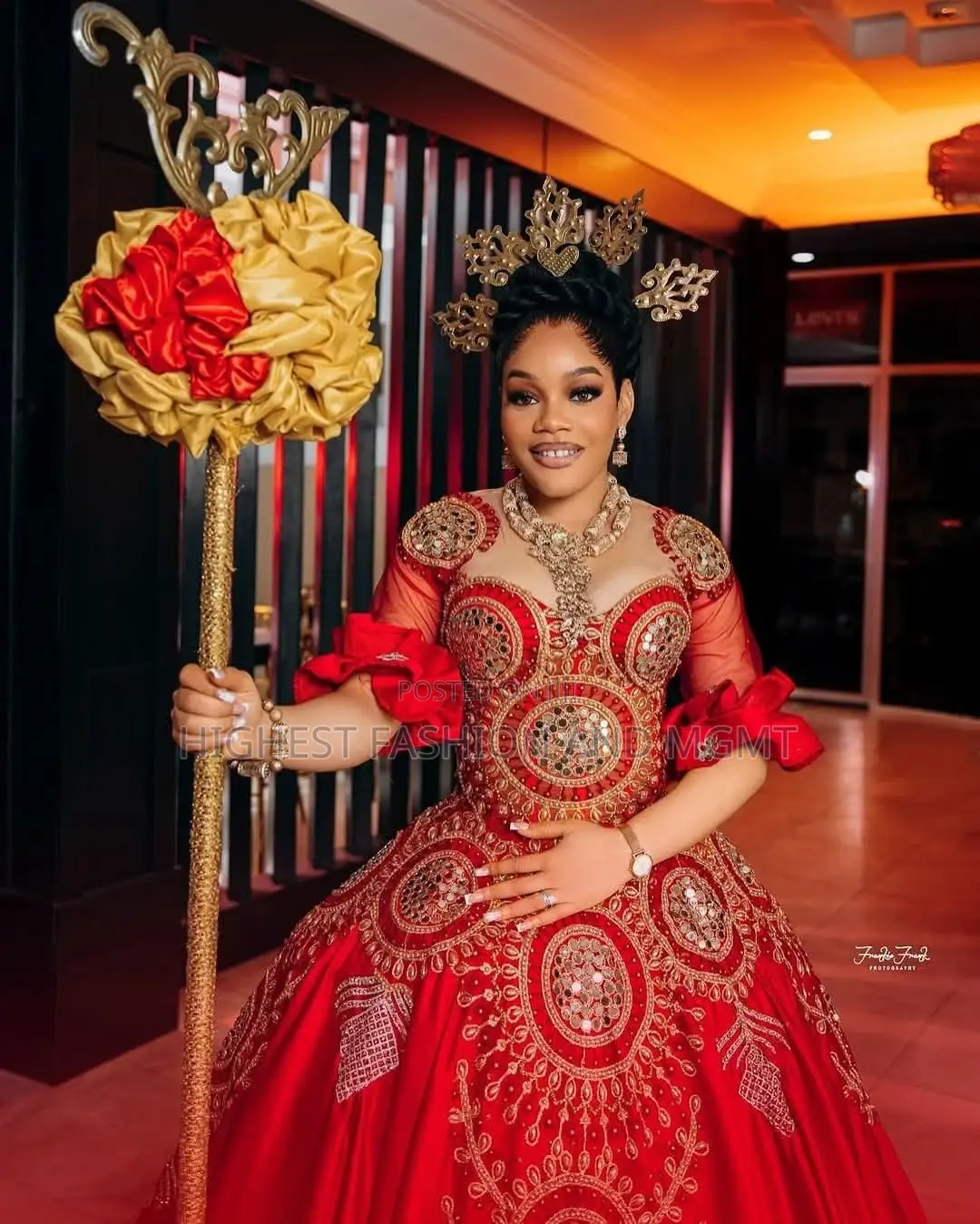 Elite Royal Crimson Mirror-Encrusted Igbo Bridal Ballgown