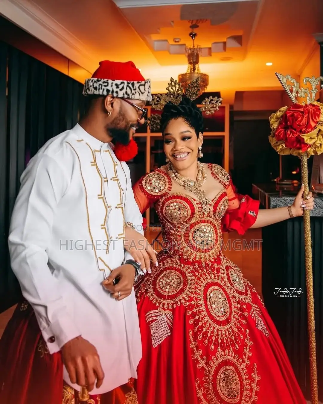 Elite Royal Crimson Mirror-Encrusted Igbo Bridal Ballgown