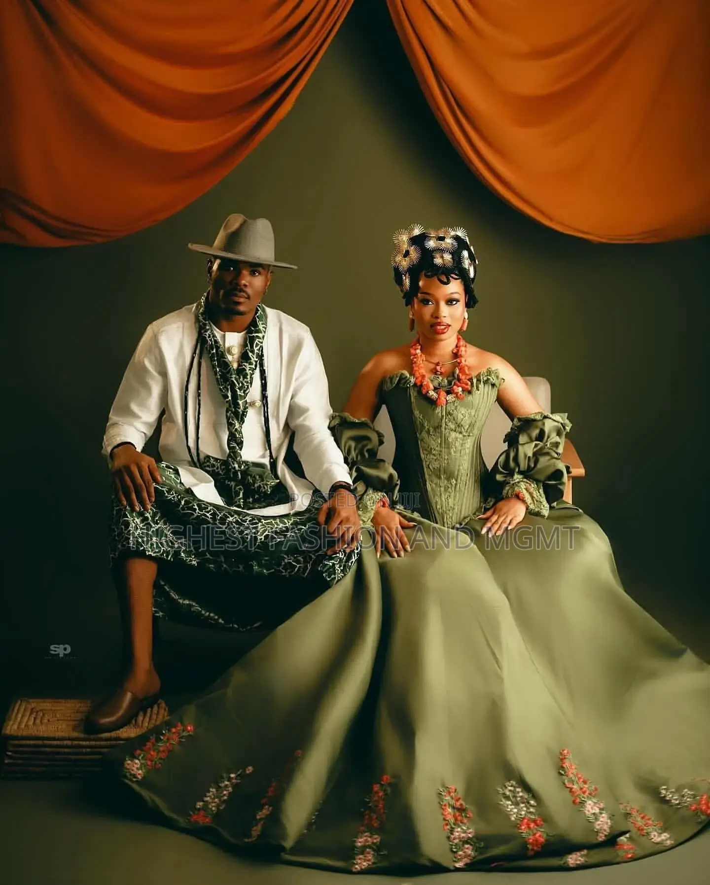 Luxury Olive Damask Bridal Ballgown With Ruffled Corset