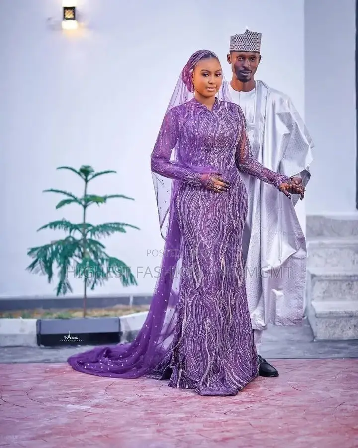 Arewa Wavy Silver-Beaded Purple Bridal Gown With Crystal Veil