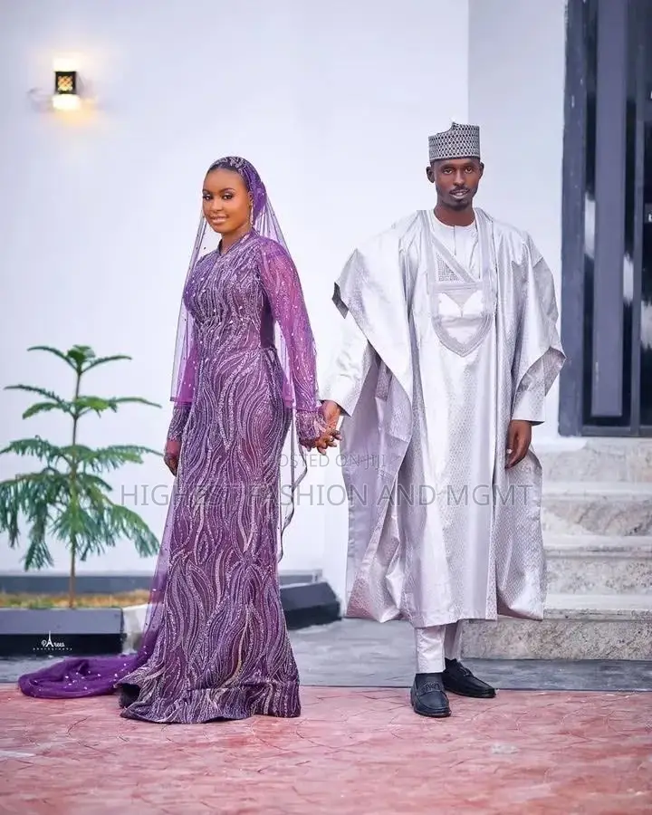 Arewa Wavy Silver-Beaded Purple Bridal Gown With Crystal Veil