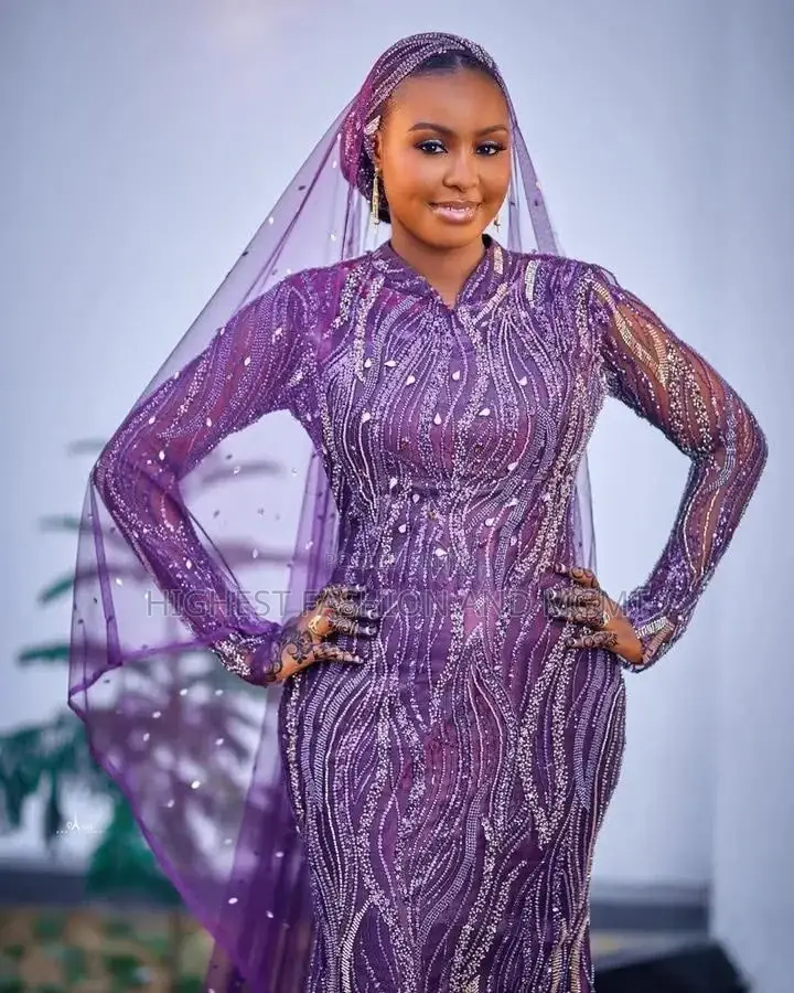 Arewa Wavy Silver-Beaded Purple Bridal Gown With Crystal Veil