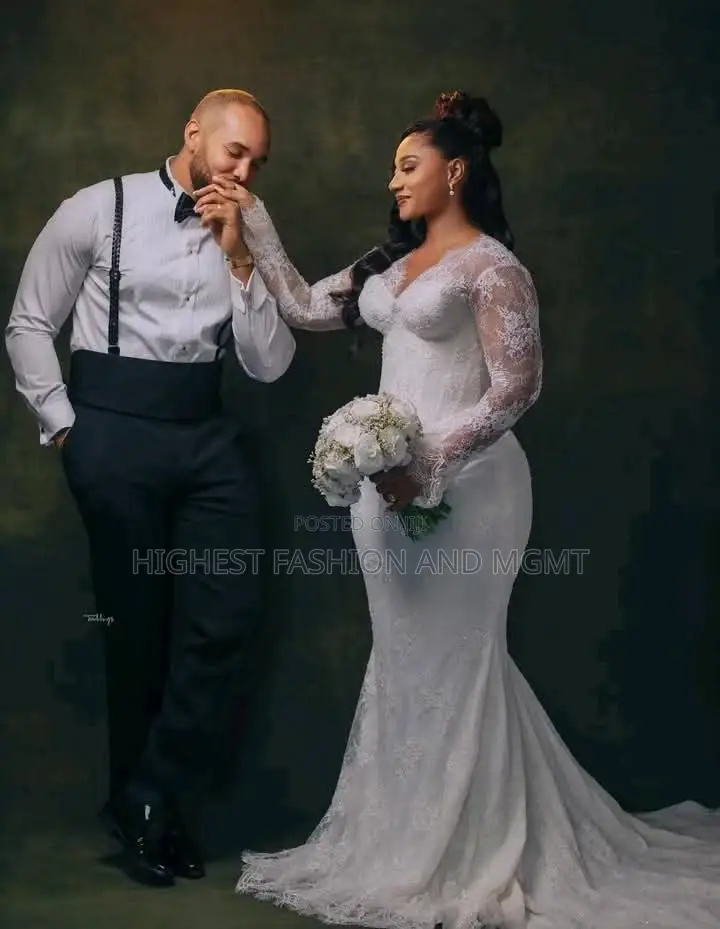 V-Neck Corded Lace Mermaid Wedding Dress With Cathedral Train
