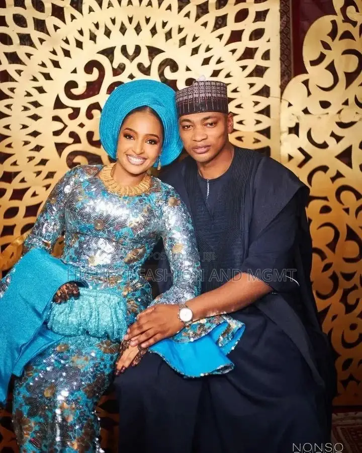 Elite Flared-Sleeve Turquoise Sequin Bridal Gown With Matching Gele