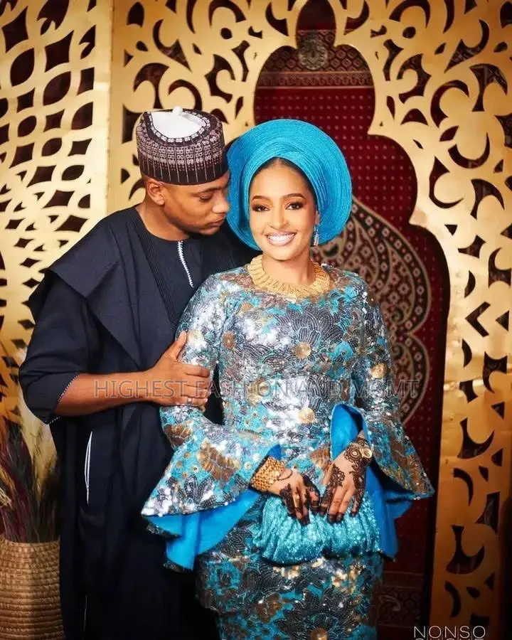 Elite Flared-Sleeve Turquoise Sequin Bridal Gown With Matching Gele