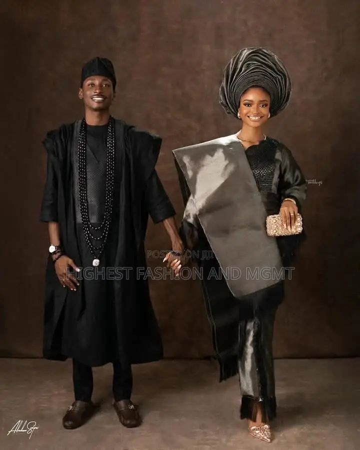 Elite Metallic Black Aso-Oke Iro and Buba Set With Fringed Ipele
