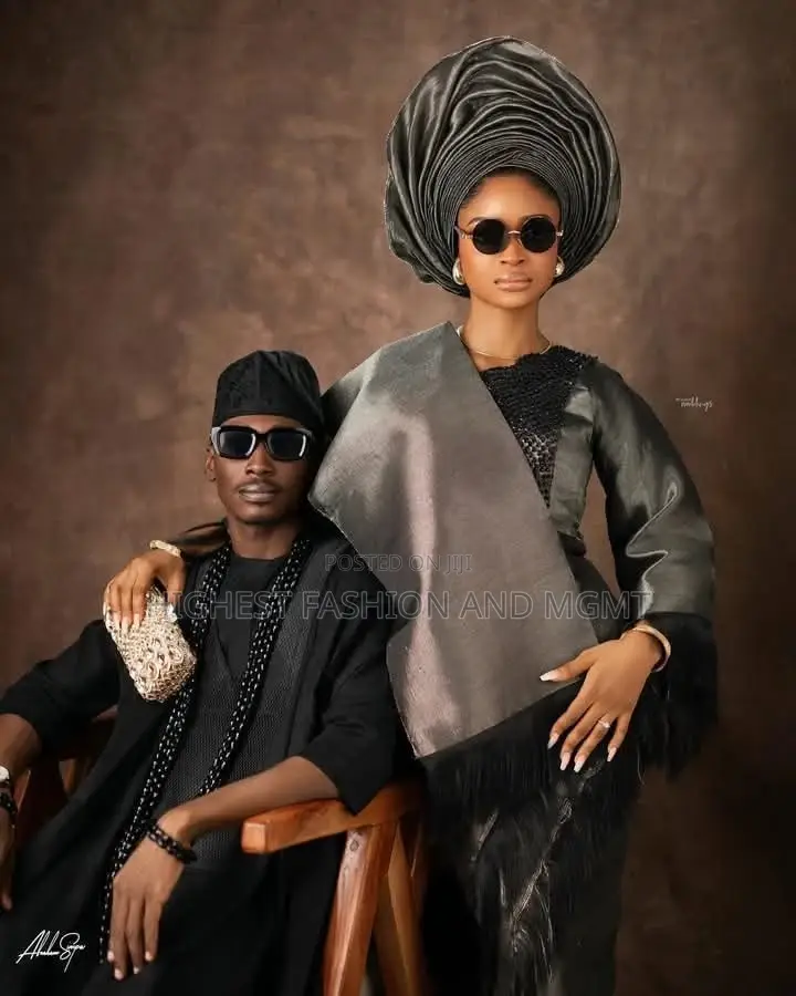 Elite Metallic Black Aso-Oke Iro and Buba Set With Fringed Ipele