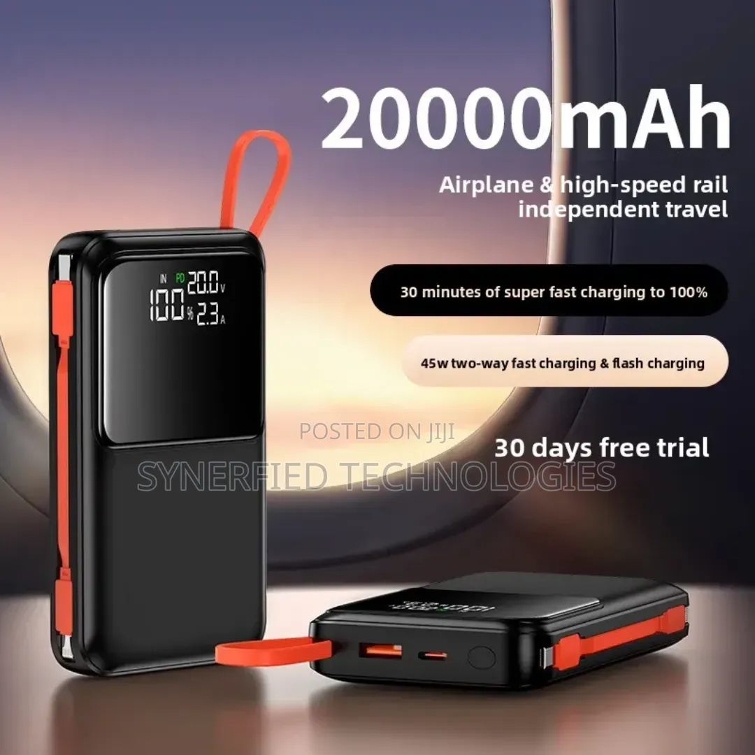 20000mah 45w Fast Charging Power Bank, Ultra Slim With Built-in Cable