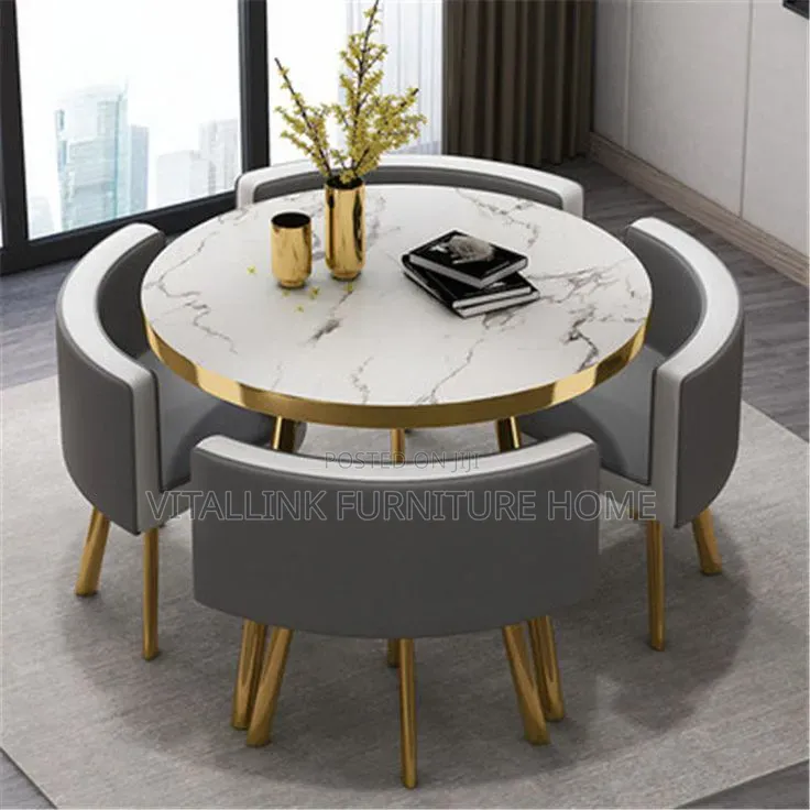Luxury 4-Seater Round Dining Set – Marble Table Gold Metal Legs