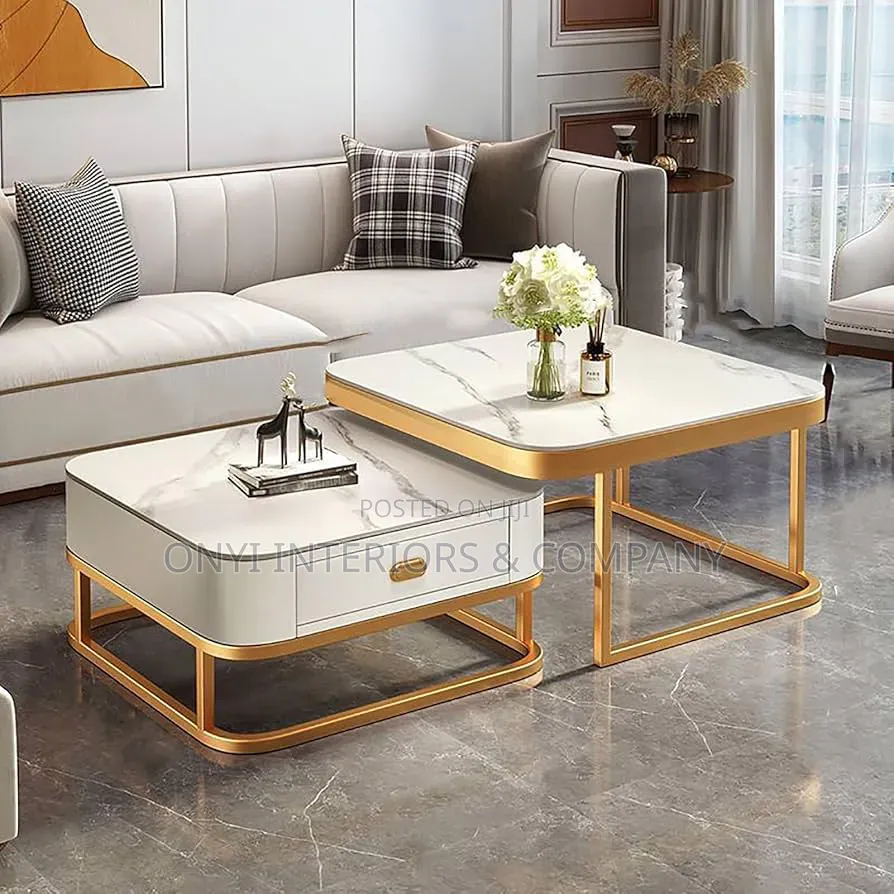 Morden Gold Colour 2 in 1 Extendable Marble Centre Table