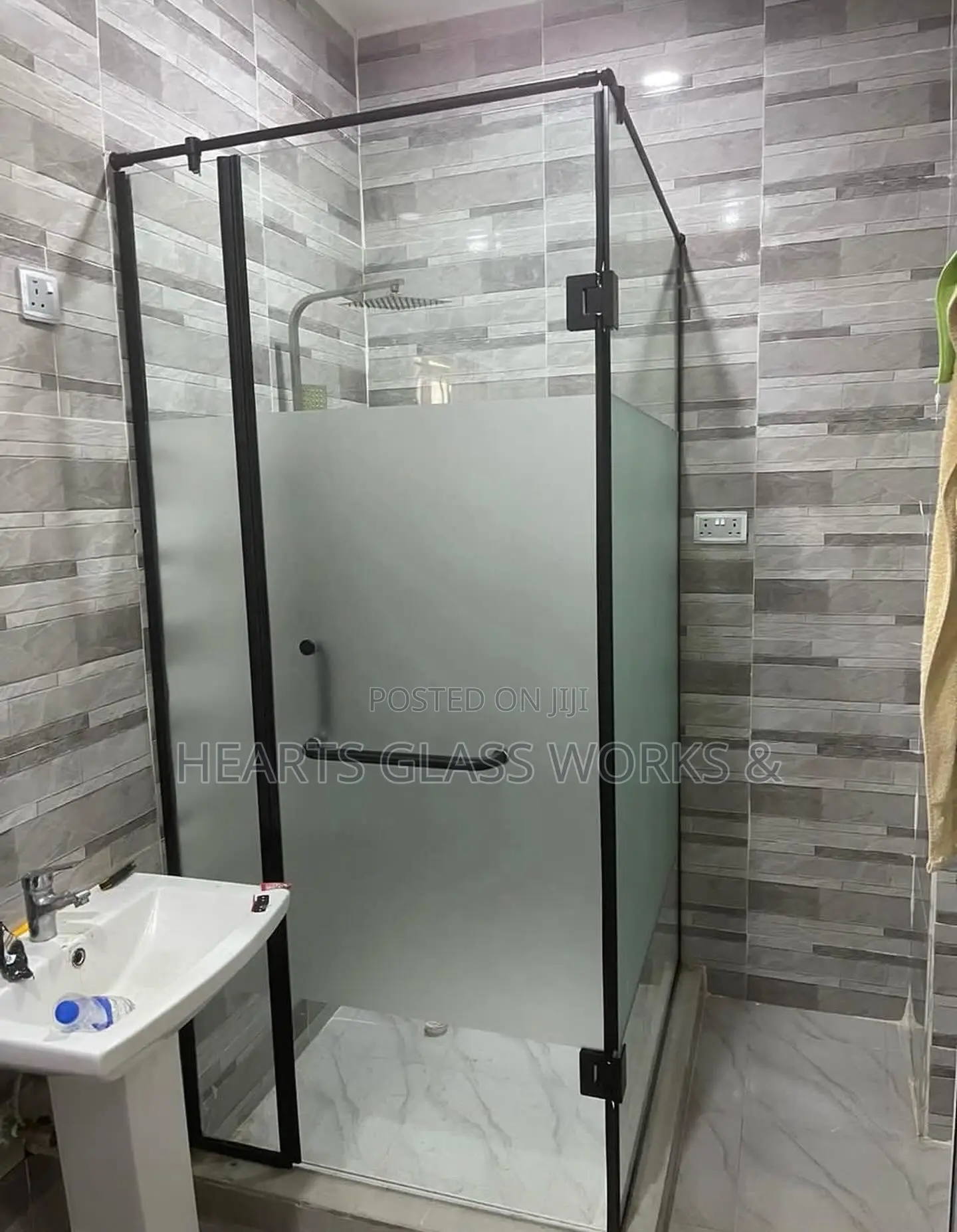 Frameless Shower Door With Fixed Glass Panel With Black Hardwares