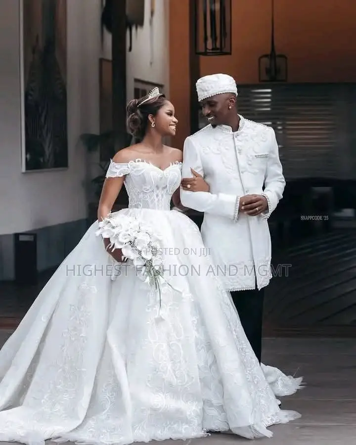 Elite Off-Shoulder Corseted Damask Bridal Gown With Crystal Tiara