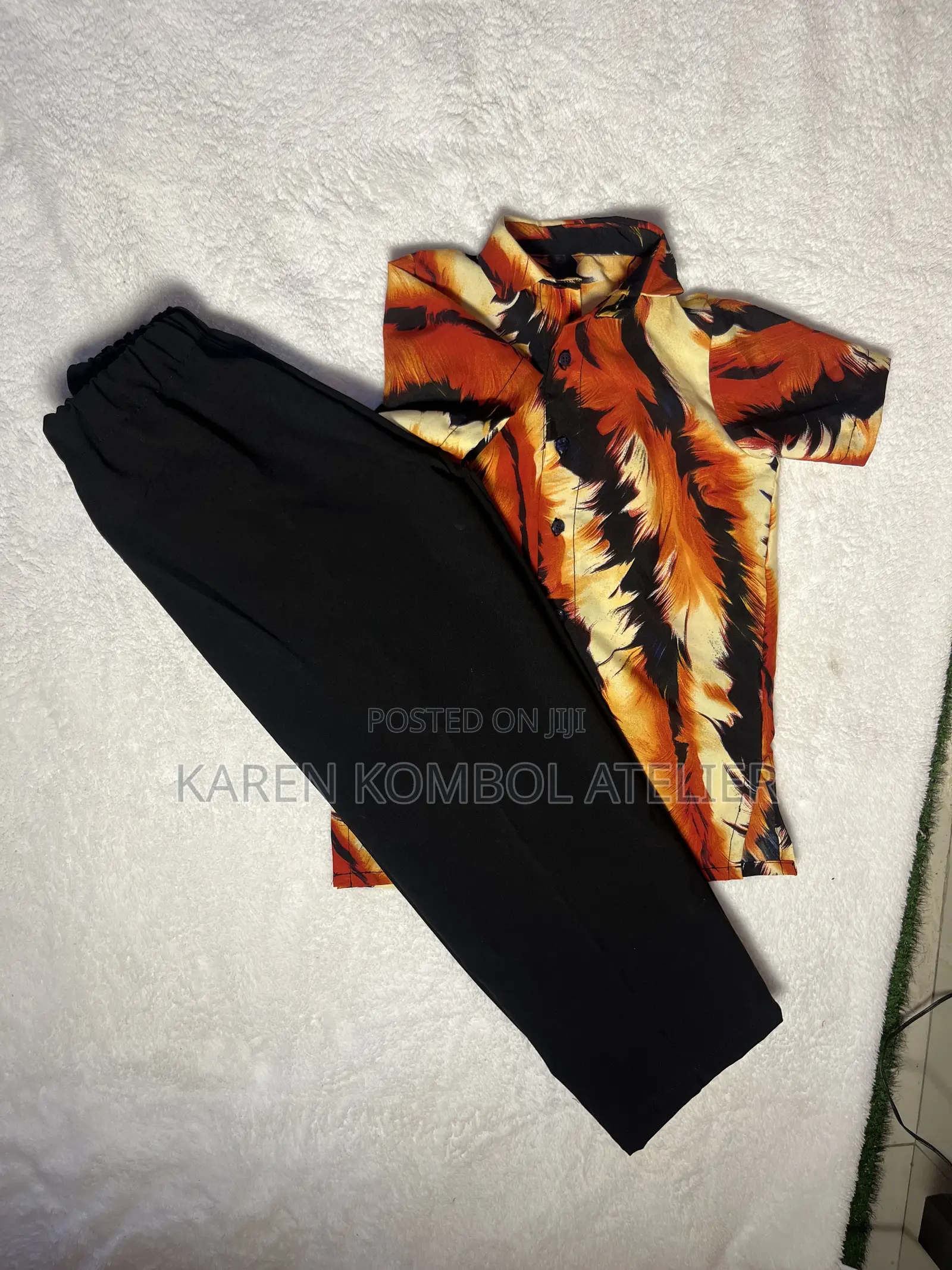 Stylish Boys 2-Piece Outfit | Printed Shirt Black Trousers Set