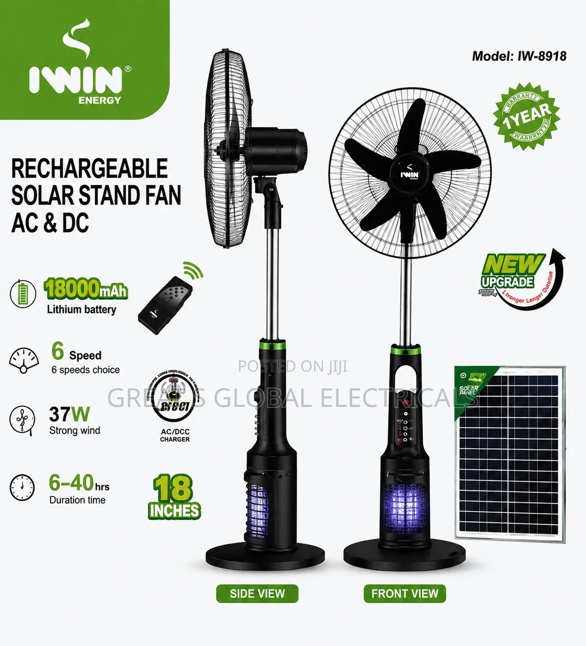 Iwin Rechargeable Solar Stand Fan With Mosquito Light (Model Iw-8918)