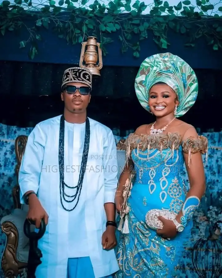 Premium Off-Shoulder Ruffled Floral Bridal Gown With Two-Tone Gele