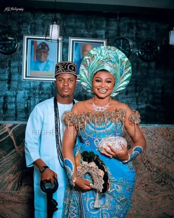 Premium Off-Shoulder Ruffled Floral Bridal Gown With Two-Tone Gele