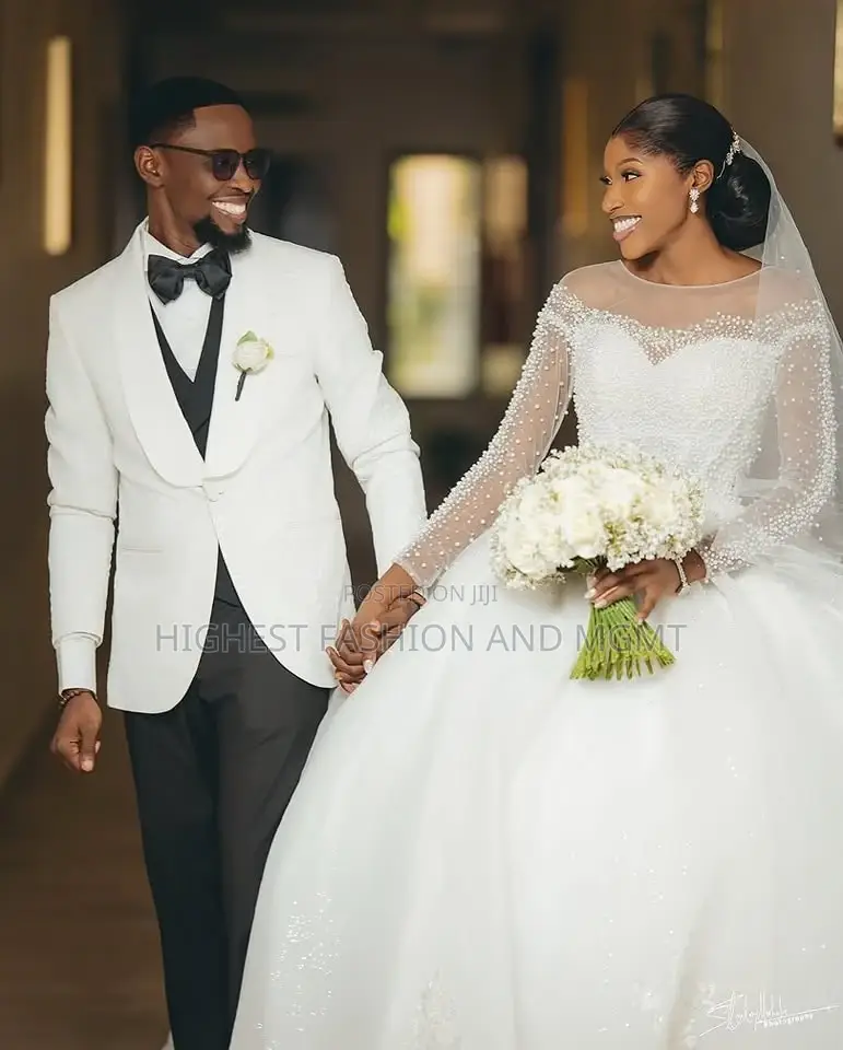 Luxury Sheer-Sleeve Pearl Embellished Royal Ballgown