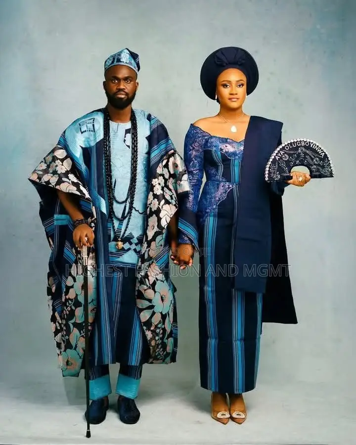 Cerulean Floral-Applique Woven Aso-Oke Agbada Iro/Buba