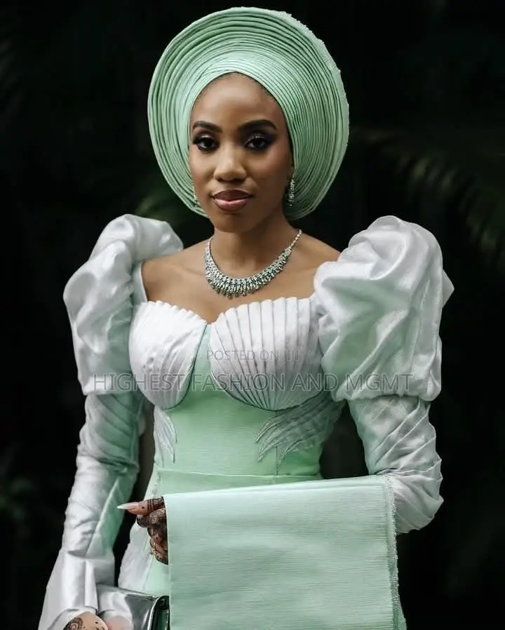 Futuristic Pleated Shell-Bodice Bridal Aso-Oke Gown