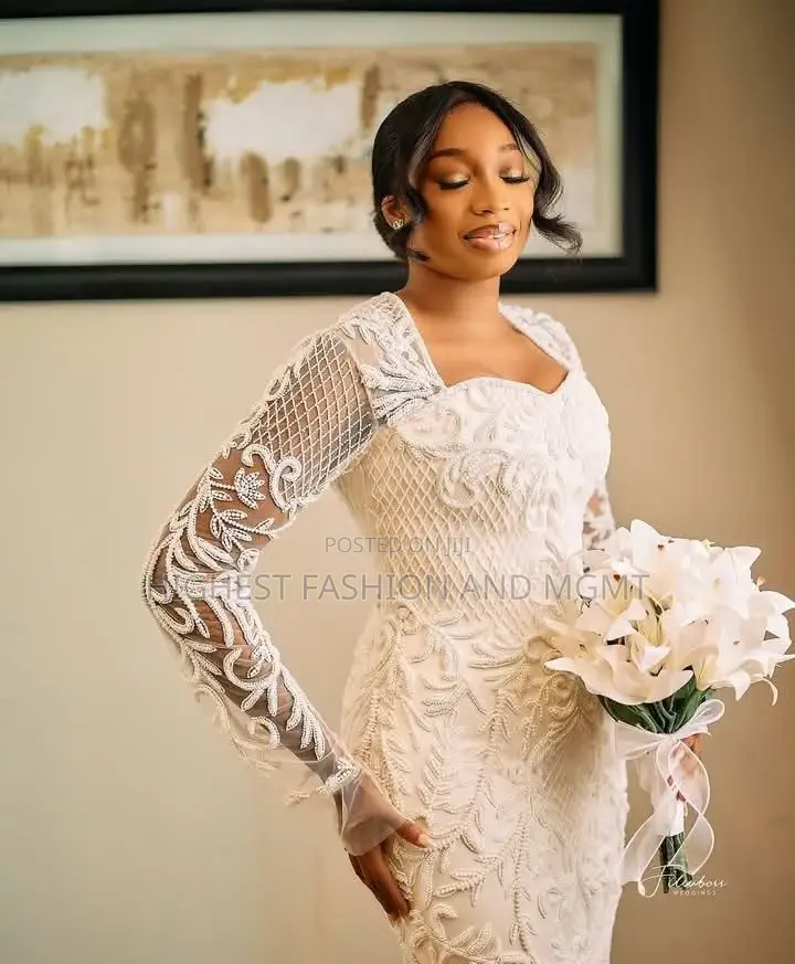 Premium Baroque Pearl-Beaded Bridal Gown With Lattice Mesh Sleeves