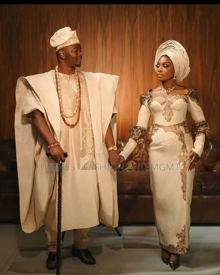 Luxury Corset Champagne Aso-Oke Bridal Gown With Bronze Cutout Accents