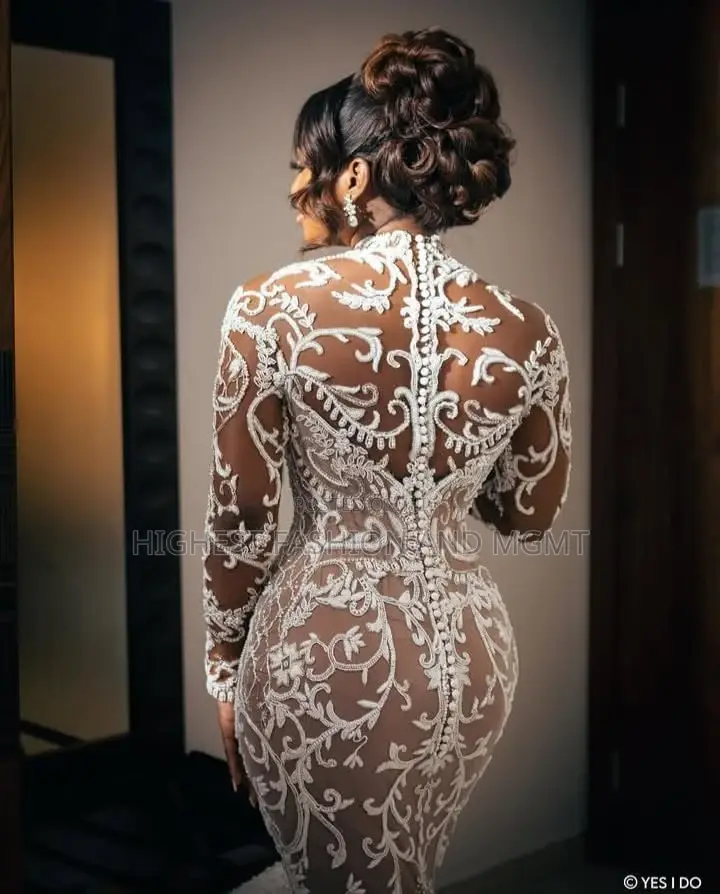 Luxury Sheer Nude Mesh Wedding Dress With White Guipure Lace