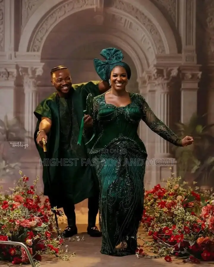 Premium Deep Green Heavy Lace Bridal Dress With Avant-Garde Gele
