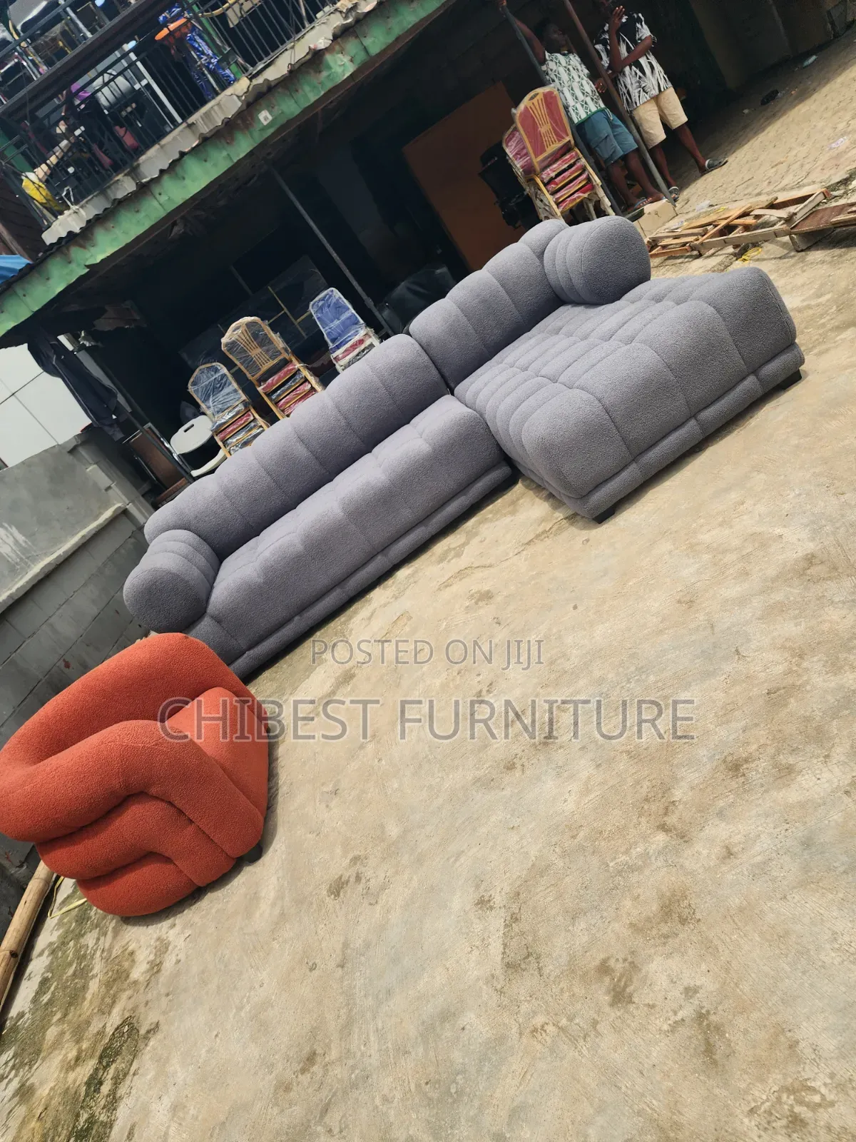 Grey Upholstery Padded L-Shaped Sofa Couch.
