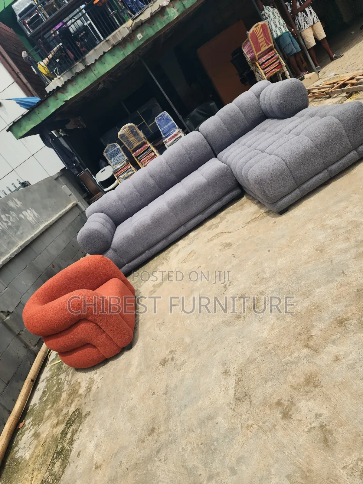 Grey Upholstery Padded L-Shaped Sofa Couch.