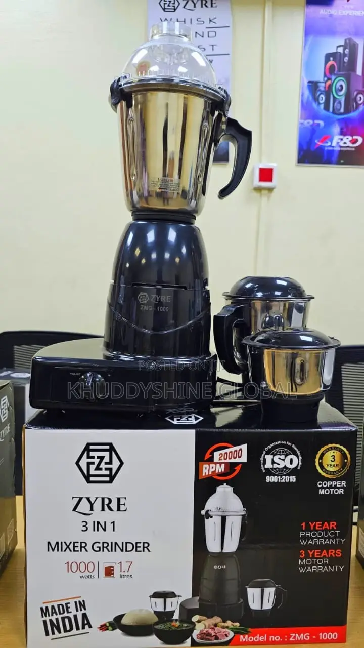 Zyre ZMG-1000 3-in-1 Mixer Grinder Featuring a Black Base and Stainles