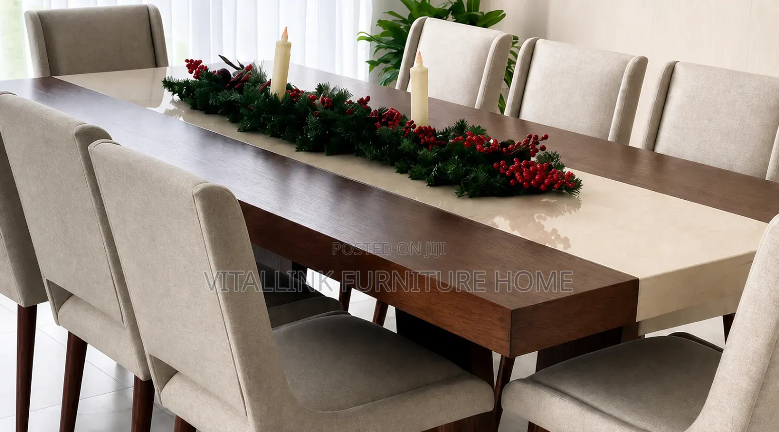 Premium 8-Seater Dining Set – Rich Wood Table Beige Fabric Chairs