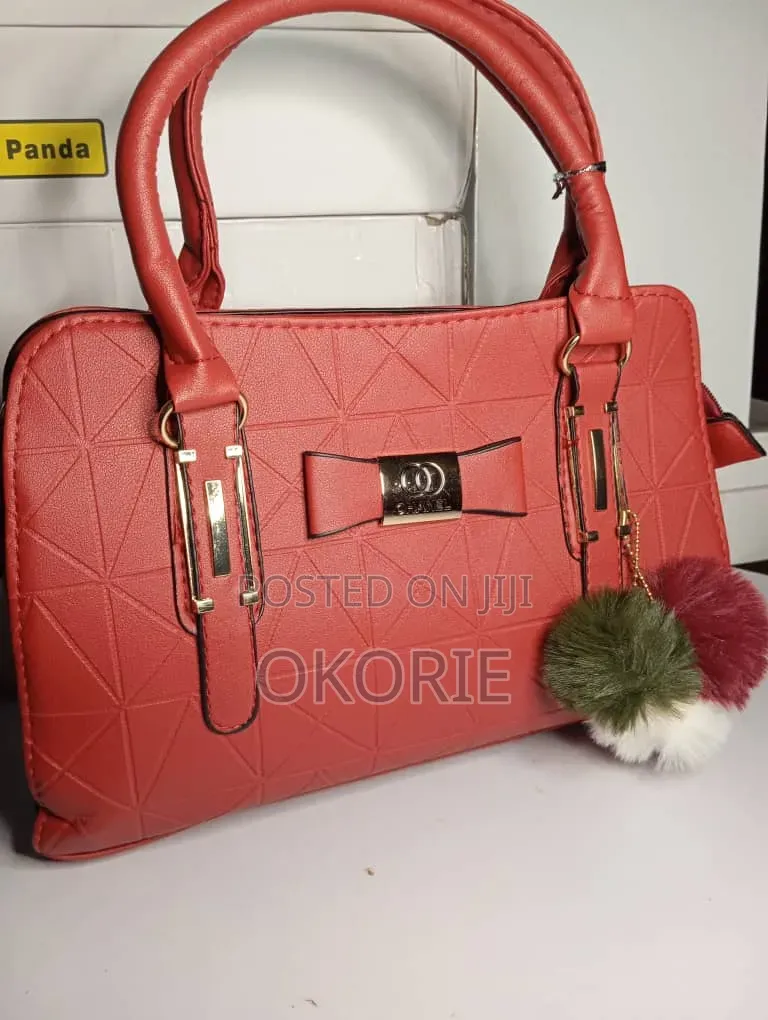 Women's Elegant Red Pu Leather Handbag With Pom Pom Charm