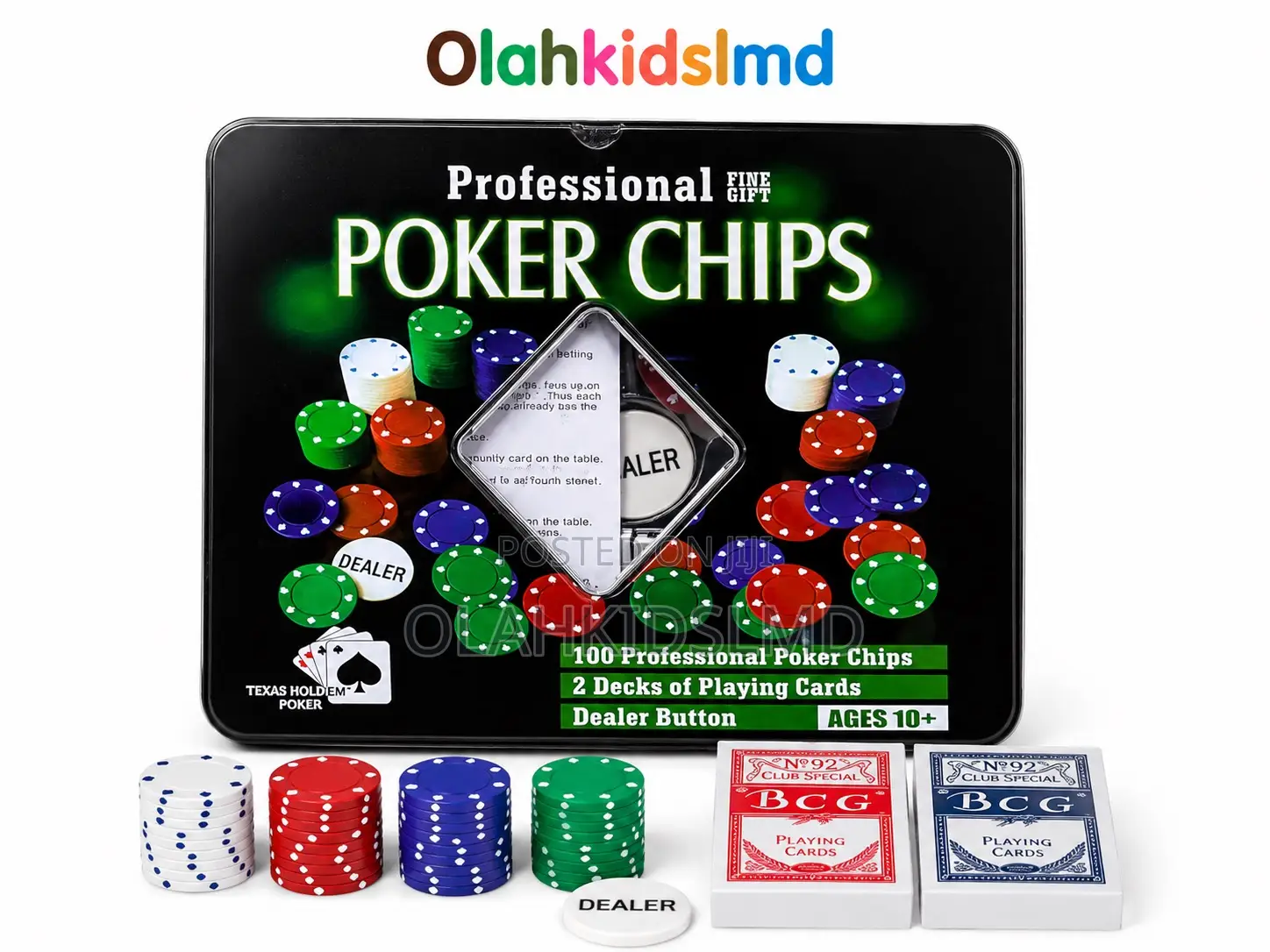 Professional Poker Chips Set – 100 Chips, 2 Card Decks Dealer Butto