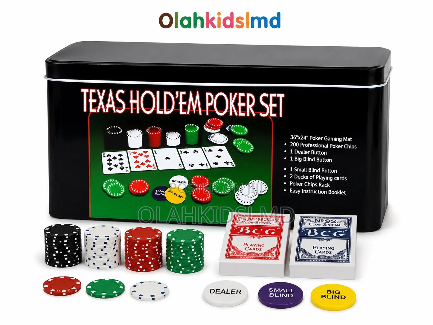 Texas Hold’Em Poker Set – 200 Chips, Gaming Mat, Cards Blind Buttons