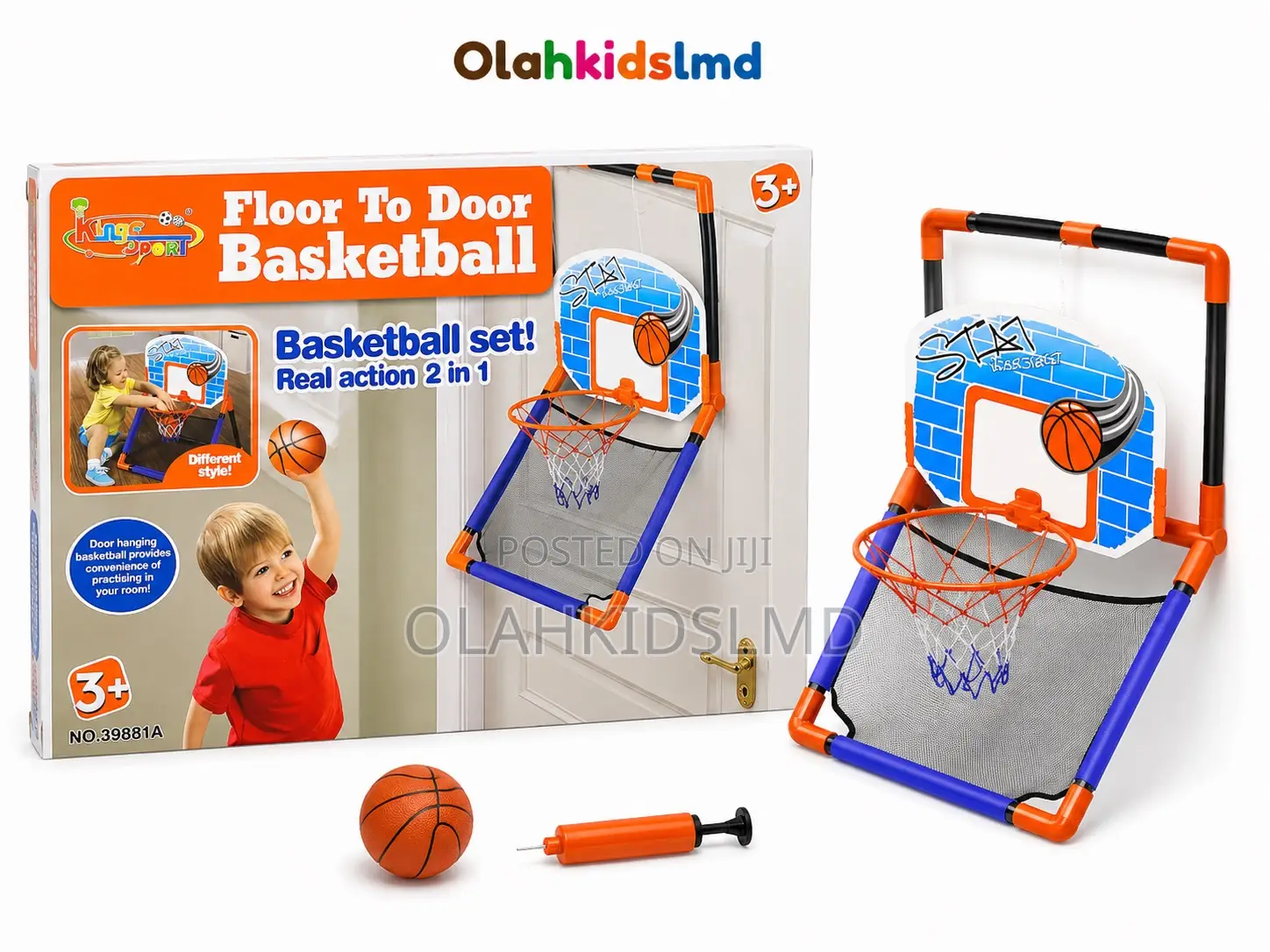 Floor To Door Basketball Set – 2-in-1 Hanging Hoop With Ball Pump